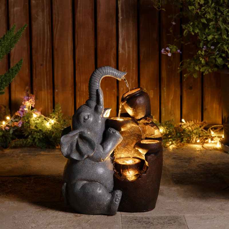 18.5"H 4-Tiered Elephant and Pot Polyresin Outdoor Fountain with Pump and LED Light (KD)
