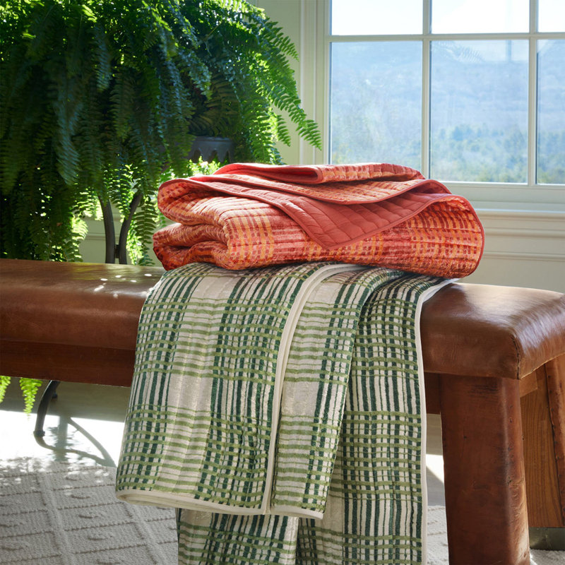 Jatin Quilted Throw Blanket, Terracotta/Peach Plaid