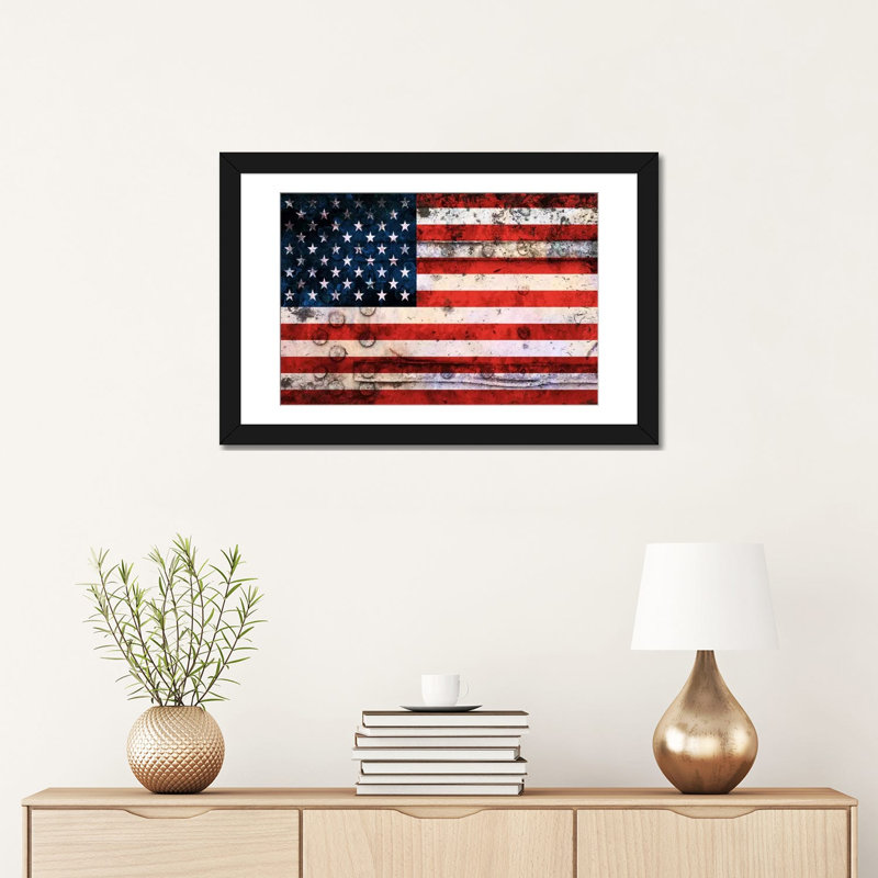 « flags u.s.a. grunge », impression sur toile, Papier d'art encadré noir, Blanc, H 24 po x l 32 po x P 1 po