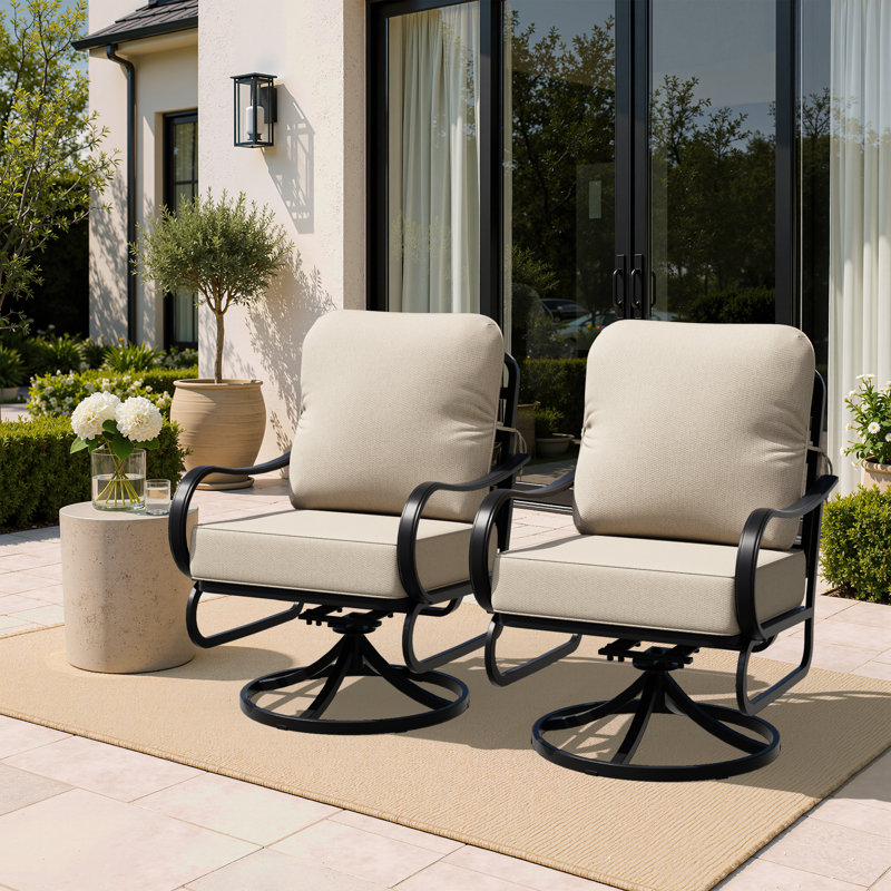 Chaises de patio pivotantes d'extérieur 2 pièces, avec structure en métal et coussins beiges épais de 5,3 po, Beige