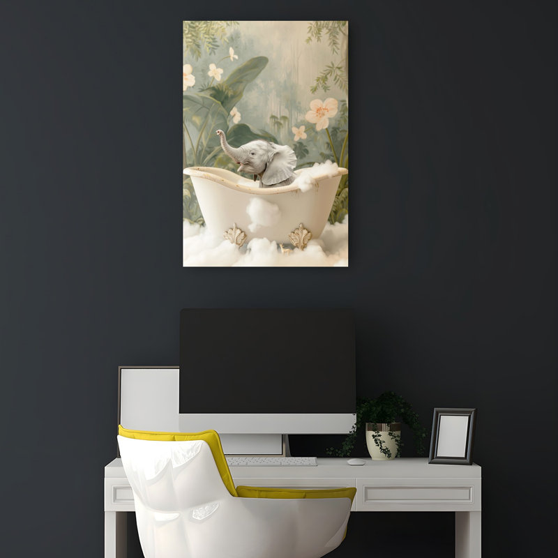 Baby Elephant Bubble Bath Contemporary Flower Wall Art Print 1 Piece Wrapped Canvas Wall Art, 45.72cm H x 30.48cm W
