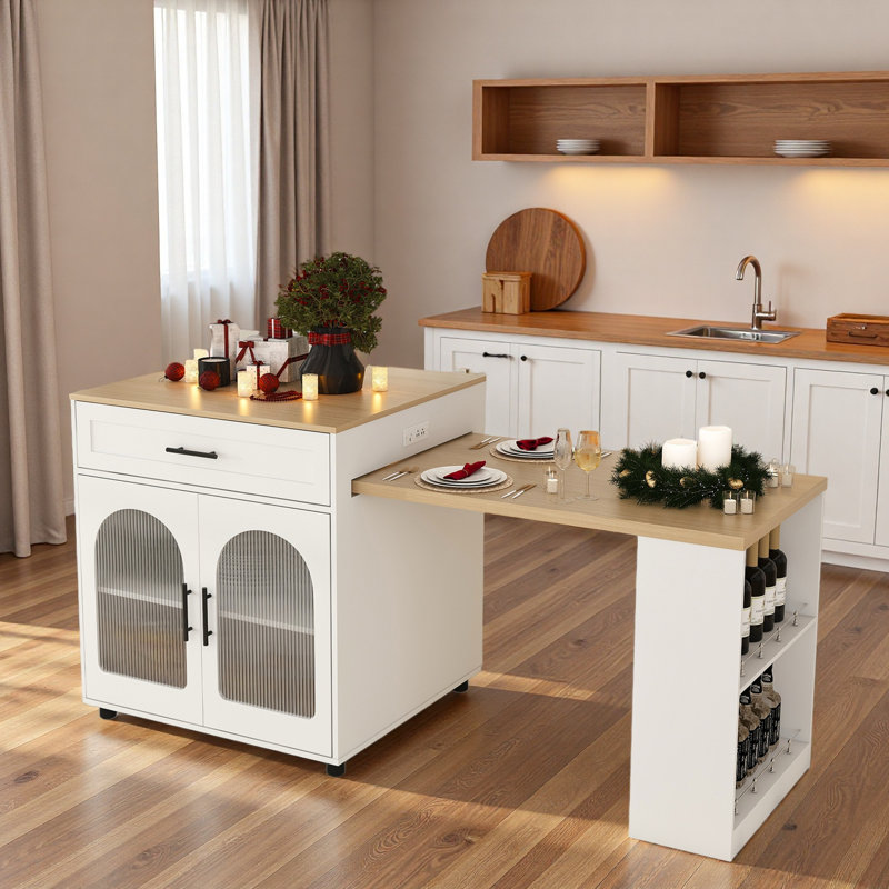 Expandable Kitchen Island With Dining Table, Power Outlet, 2 Drawers, Open Shelves And Movable Wheels