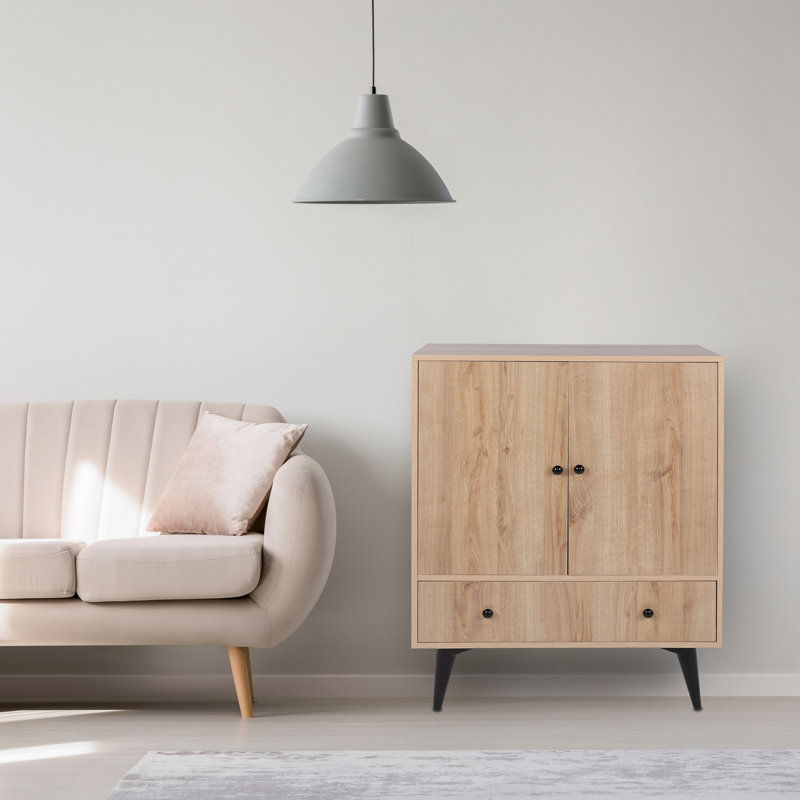 Modern Multi-Purpose Cabinet, Oak & Black, 35.4 x 13.8 x 44.5 inches | 100% Melamine Coated Particle Board, 0.7 inches Thick | Features 1 Drawer, Numerous Shelves, Wall-Mountable | Scandinavian Design for Stylish Storage