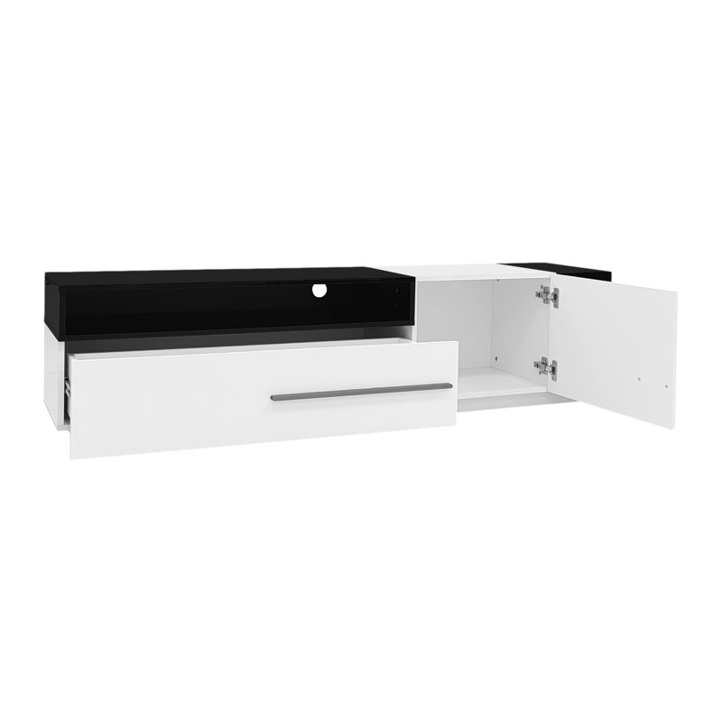 White With Black High Gloss TV Stand For 60 To 70 Inch Tvs With 2 Closed Storage Spaces, 1 Door And 1 Drawer