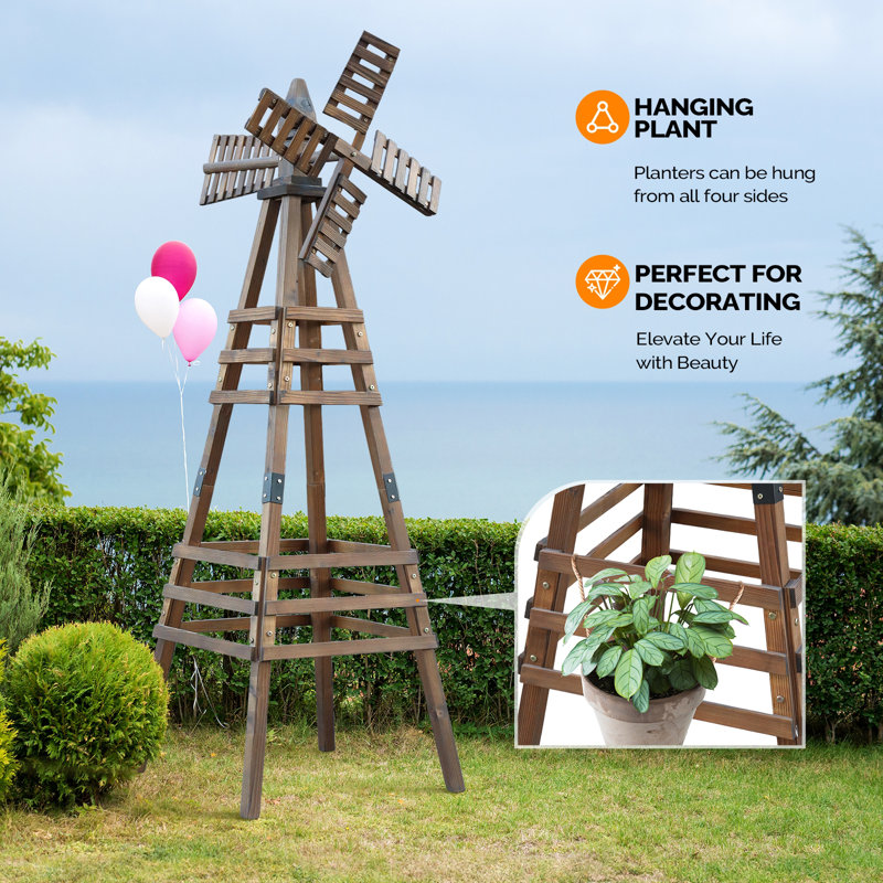 Wood Windmill Backyard Garden Decoration, 68.9''H x 23.62''W x 23.62''D, Tan