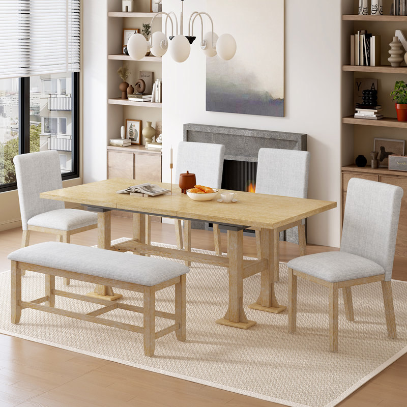 Ensemble de table de salle à manger extensible de 76 pouces Farmhouse, Naturel, Gris clair