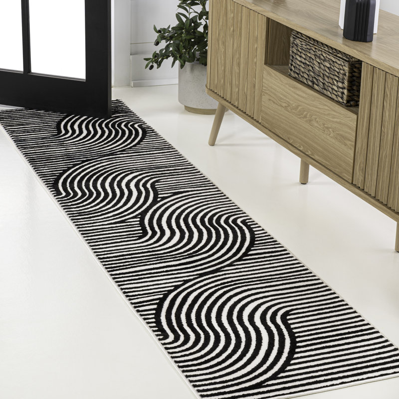 Hallie High-Low Minimalist Curve Geometric Black/White Rug, Runner 2' x 8'