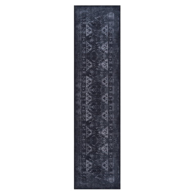 Tapis de couloir lavable à poils courts, sans perte de poils, pour le bureau, la cuisine - 2 pi 6 po x 10 pi (teinture noire / grise)
