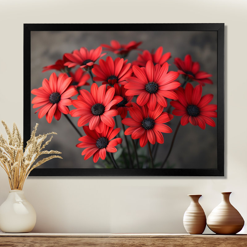 Décoration murale marguerites romantiques monochromes rouges et noires II - marguerites, Cadre simple noir, H 34 po x l 44 po