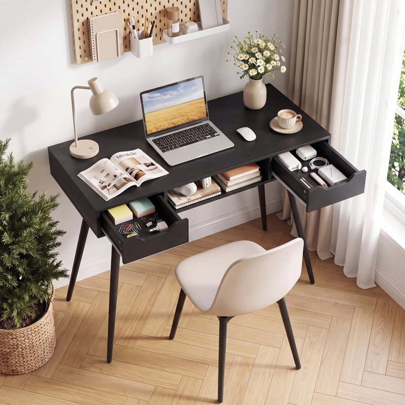 Bureau d'ordinateur avec tiroirs, compartiment de rangement ouvert pour petits espaces, bureau noir, Noir
