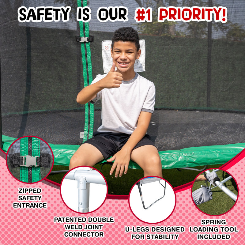 14-Foot Green Round Trampoline with Safety Enclosure