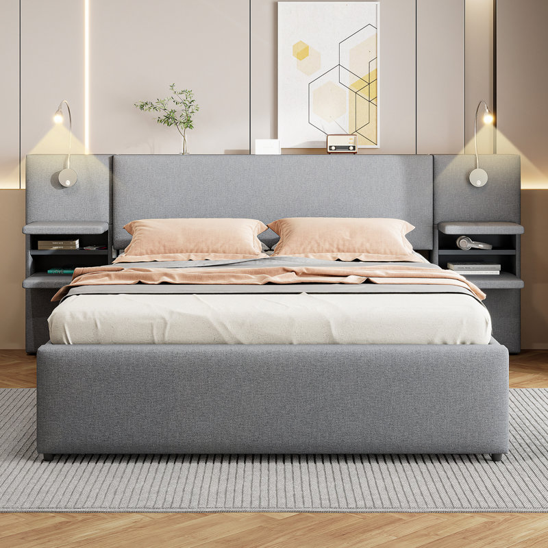 Queen Size Upholstered Platform Bed with Reading Lights | Storage Drawers, Trundle & Shelves Included, Gray, Gray