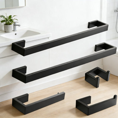 5-Piece Bathroom Hardware Set, Stainless Steel Wall Mounted Towel Bars, Toilet Paper Holder, Towel Ring And Robe Hook With Matte Black Finish