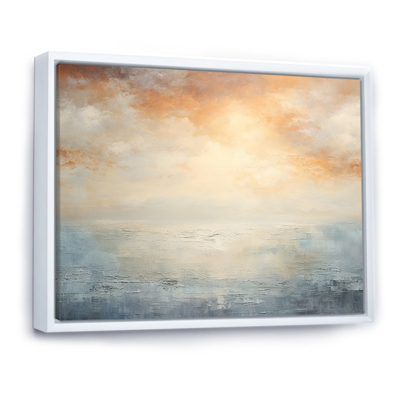 «Beige et Golden Beach Sunset Horizon II», reproduction d'art sur toile plage et océan, Cadre flottant blanc, 24" H x 32" W