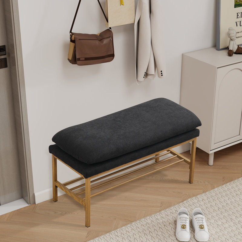 Upholstered Entryway Bench, Storage Shoe Bench With Shelf And Metal Legs, Black