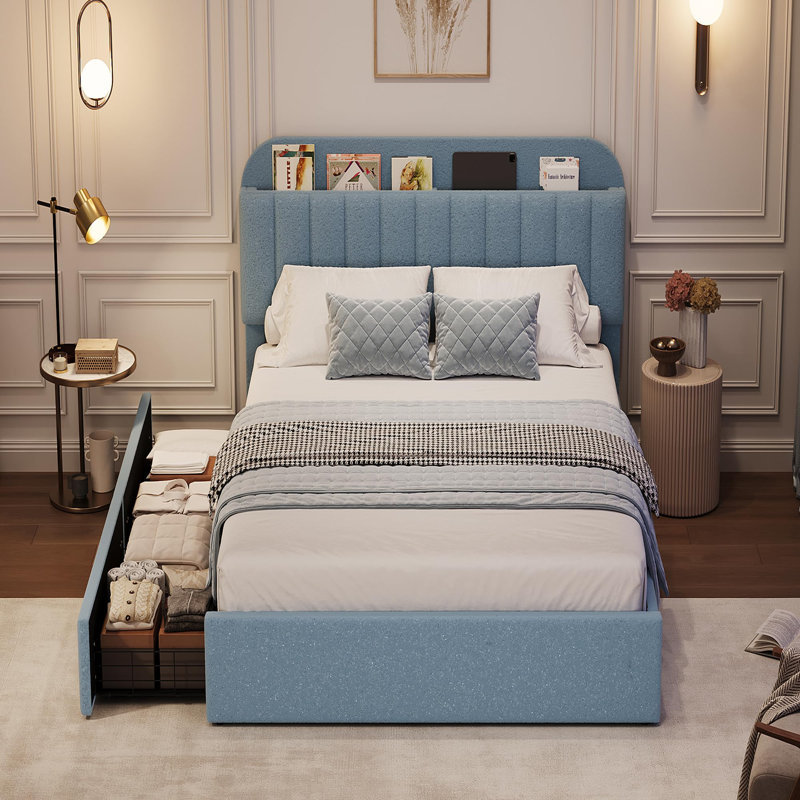 Bed Frame With Storage Headboard, Bed Frame With 2 Drawers, Blue, Twin