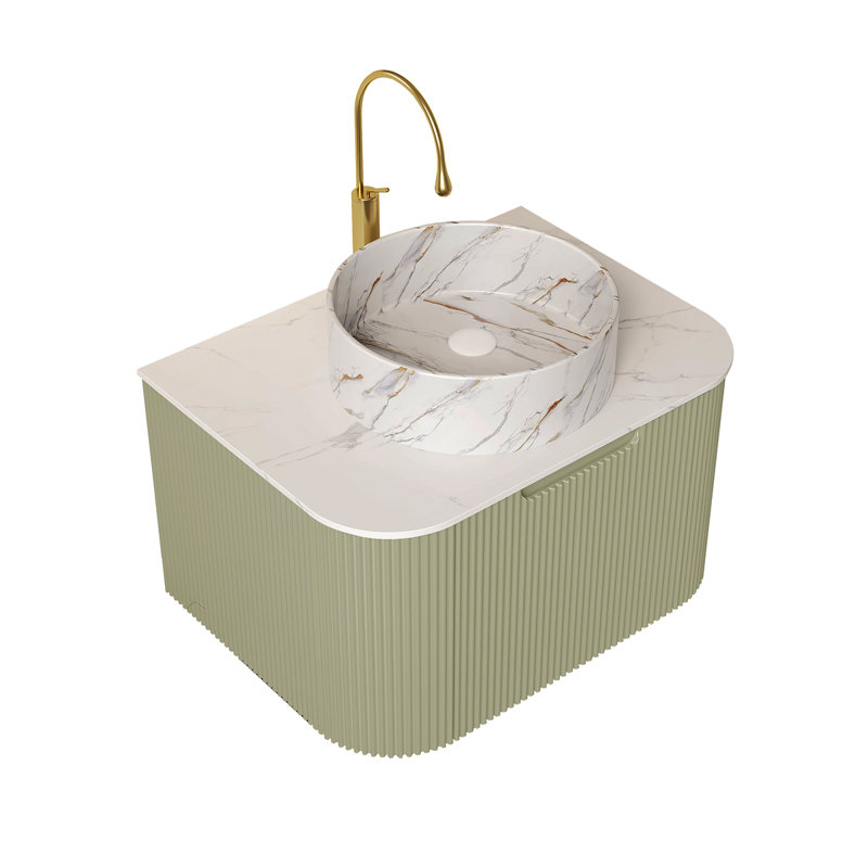 Meuble-lavabo de salle de bain 24 po avec lavabo, lavabo à fixation murale à bords arrondis flottants avec tiroir, lavabo en céramique blanc avec motif de pierre, pré-assemblé, vert clair