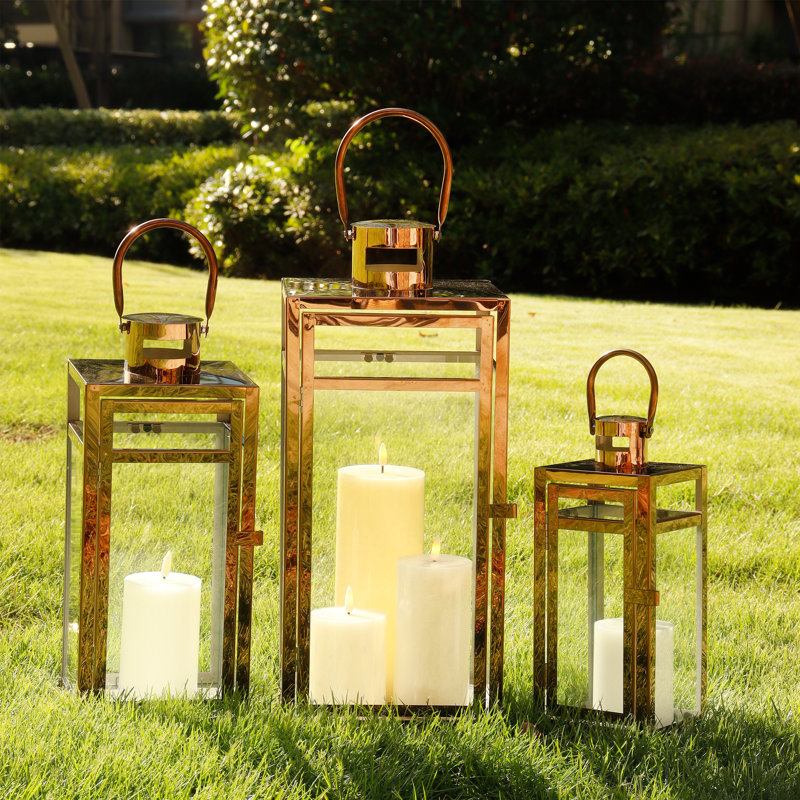 3 Piece Stainless Steel Tabletop Lantern Set, Rose Gold