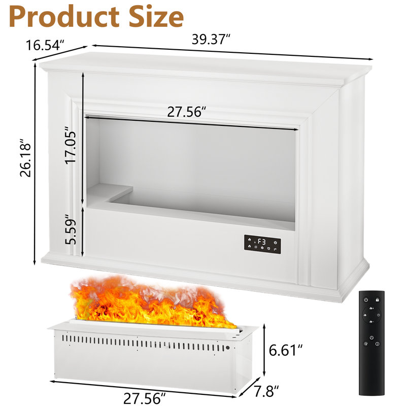 Water Vapor Fireplace with Humidifier, 13 Colors 3D Realistic Atomized Flame, No Real Flame, Remote Control & Easy Water Fill, Cool to the Touch for Bedroom and Living Room, White
