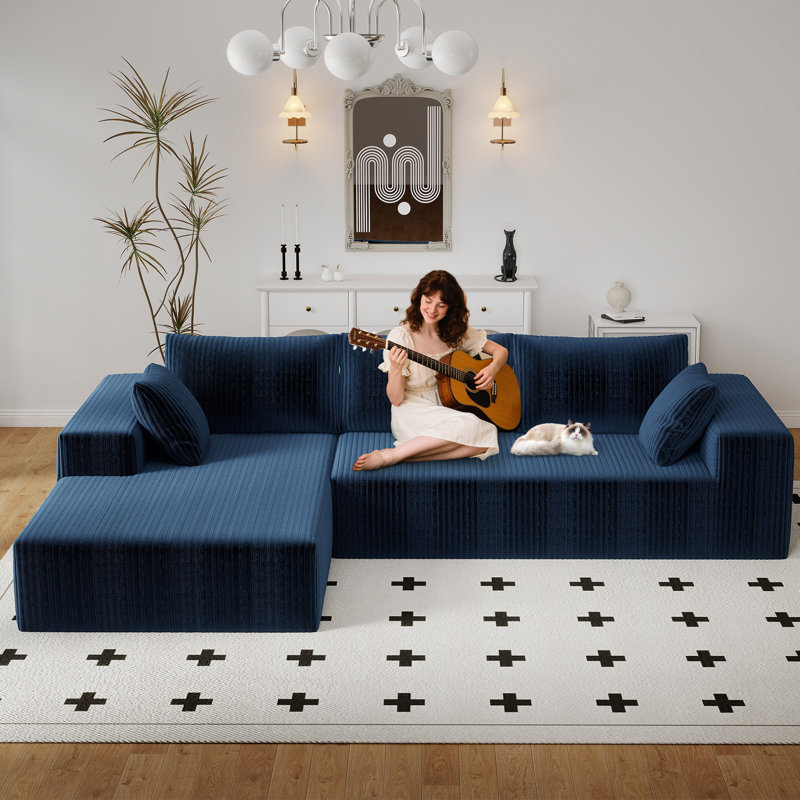 Canapé modulaire en forme de L de style Boneless de 95,8 po en velours côtelé avec méridienne sans assemblage requis, siège rembourré à assise profonde, tissu moelleux en velours côtelé (brun clair, méridienne)