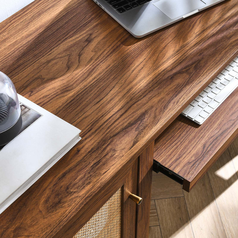 Walnut Wood Office Desk with Rattan Door and Keyboard Tray