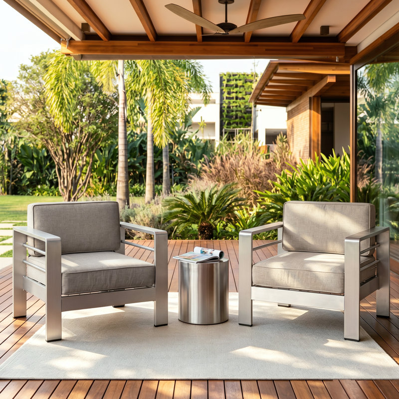 Caggiano Patio Aluminum Chair with Cushions, Beige, Silver