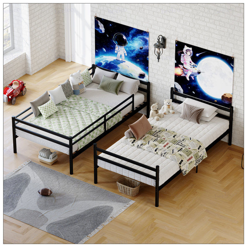Lit superposé avec échelle et lit superposé en métal à garde-corps haut, espace de rangement, silencieux, simple au-dessus de simple,