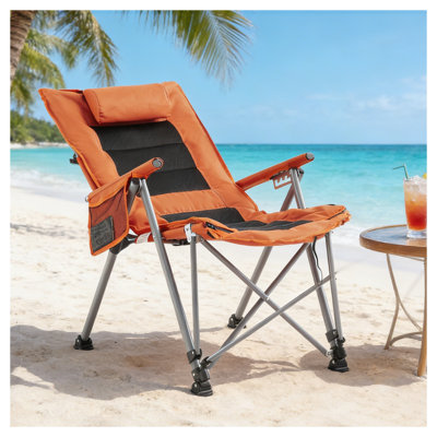 5-Position Adjustable Folding Camping Chair with Footrest - Orange Polyester