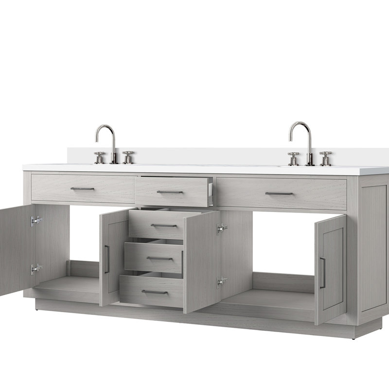 Meuble-lavabo double en chêne blanc avec comptoir en marbre de culture, robinets et meuble-lavabo à fermeture en douceur 84