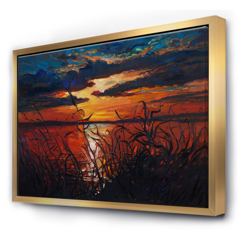 Coucher de soleil romantique par Lakeside - reproduction d'art sur toile, H 24 po x l 32 po x P 1 po, Toile encadrée d'or