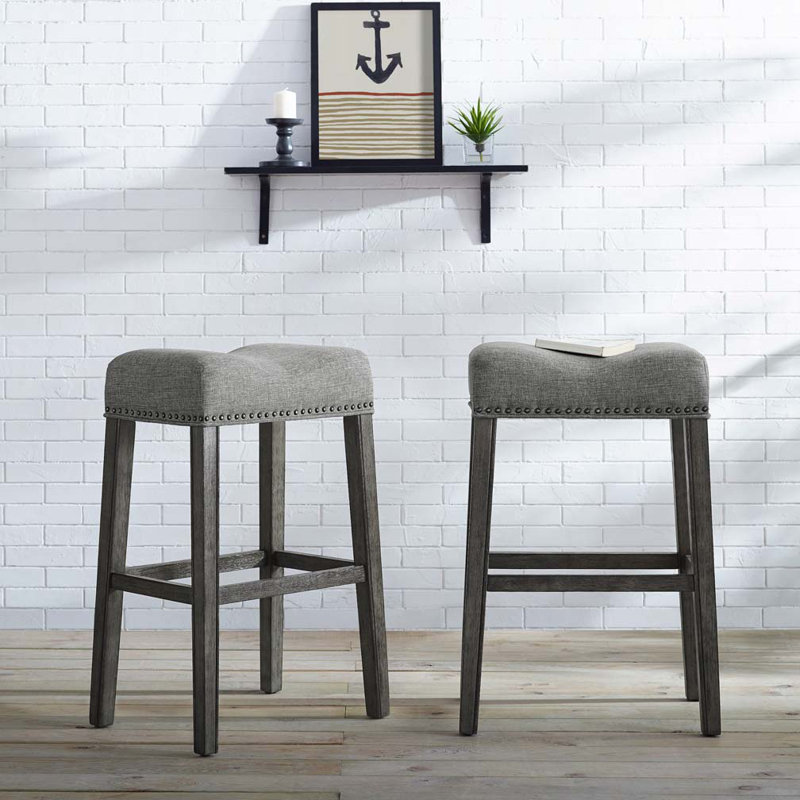 Backless Fabric Upholstered Wood Bar Stools Set with Nailedhead Trim