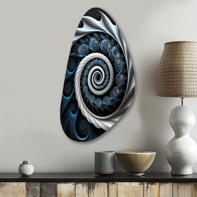 Blue And White Stained Liquid Glass II - Unique Shape Abstract Spirals Metal Wall Art, Asymmetrical Metal Wall Sculpture Print