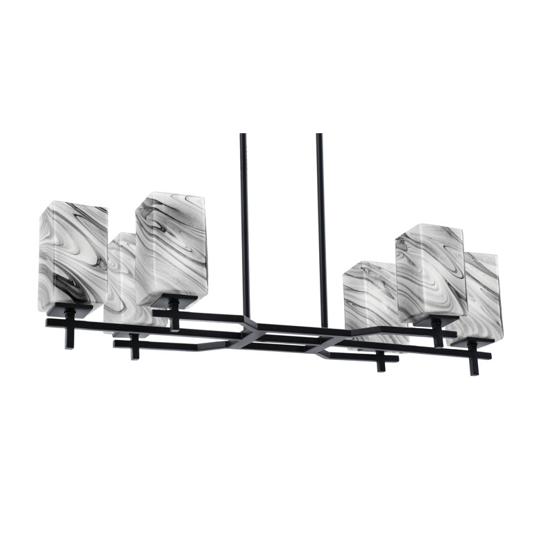 Luminaire pour îlot de cuisine 6 lumières Geriet avec verre carré onyx 3,5 po, Noir mat