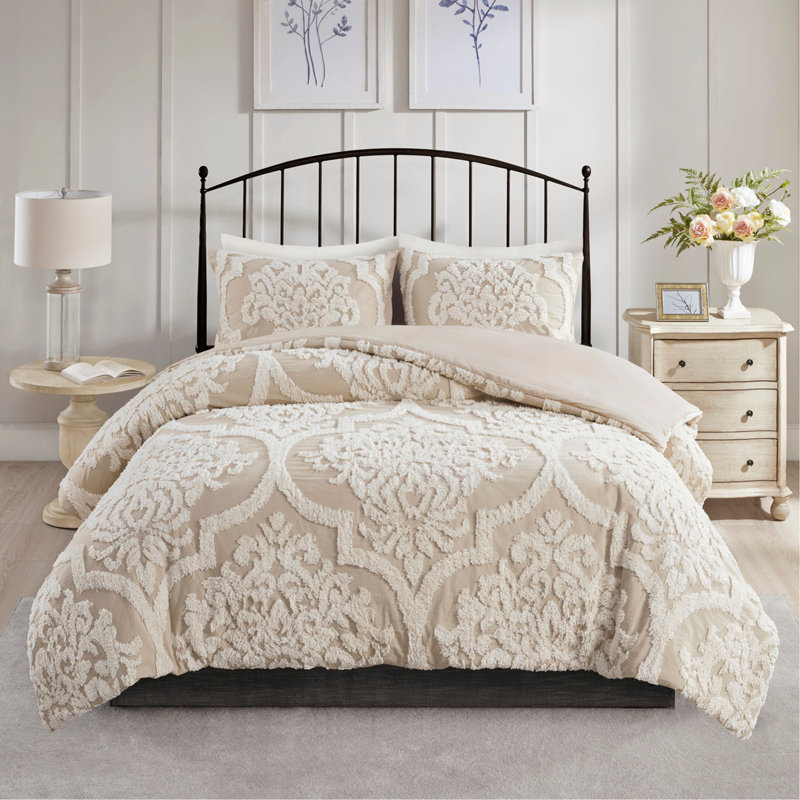 Ensemble d'édredon damassé en coton 3 pièces taupe, Taupe, Édredon double et 2 taies décoratives