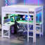 Lit mezzanine double en bois avec bureau, tablettes de rangement, DEL et station de charge, blanc-119355816