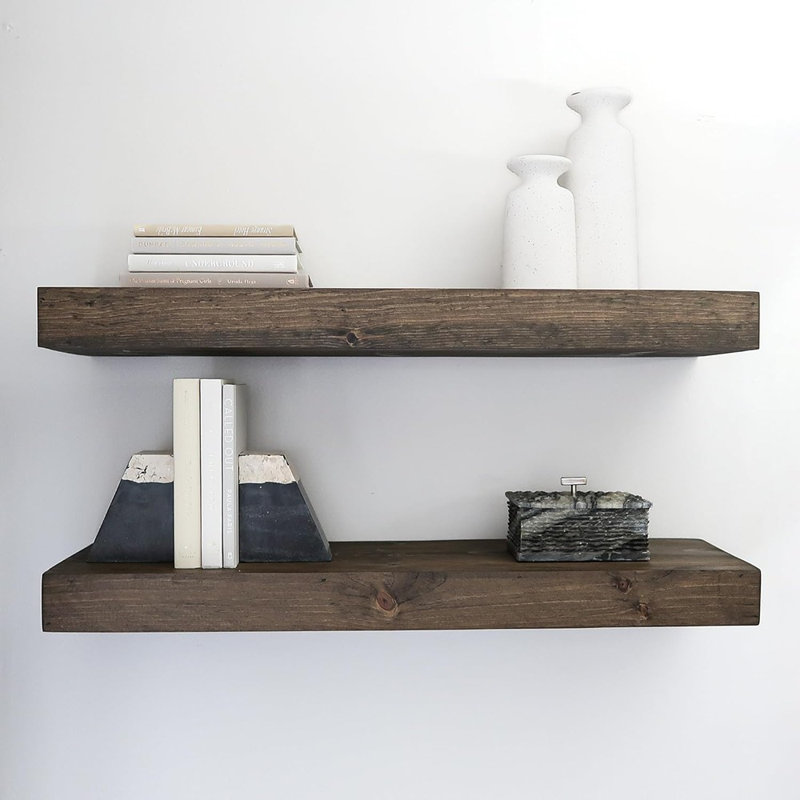 Tablettes flottantes modernes de 3 pouces d'épaisseur pour le mur, tablettes larges pour la cuisine, le salon, la chambre à coucher et la salle de bain, bois de pin naturel, tablette en bois rustique, (ensemble de 2)