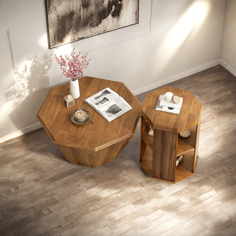 Ensemble de deux tables basses, table basse et salon de 31,5 po en bois d'hévéa octogonal (ensemble de deux pièces), Naturel