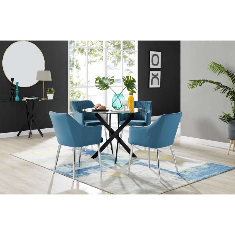 Bernell Modern Chrome Metal & Glass Round Dining Table Set with 4 Luxury Button Velvet Chairs, H75 x L100 x W100cm