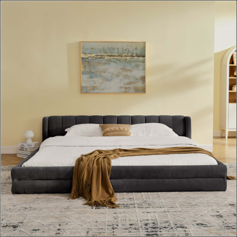 Cadre de lit rembourré avec tissu épais, cadre de lit rembourré confortable, tissu chenille, avec tête de lit et cadre de lit uni