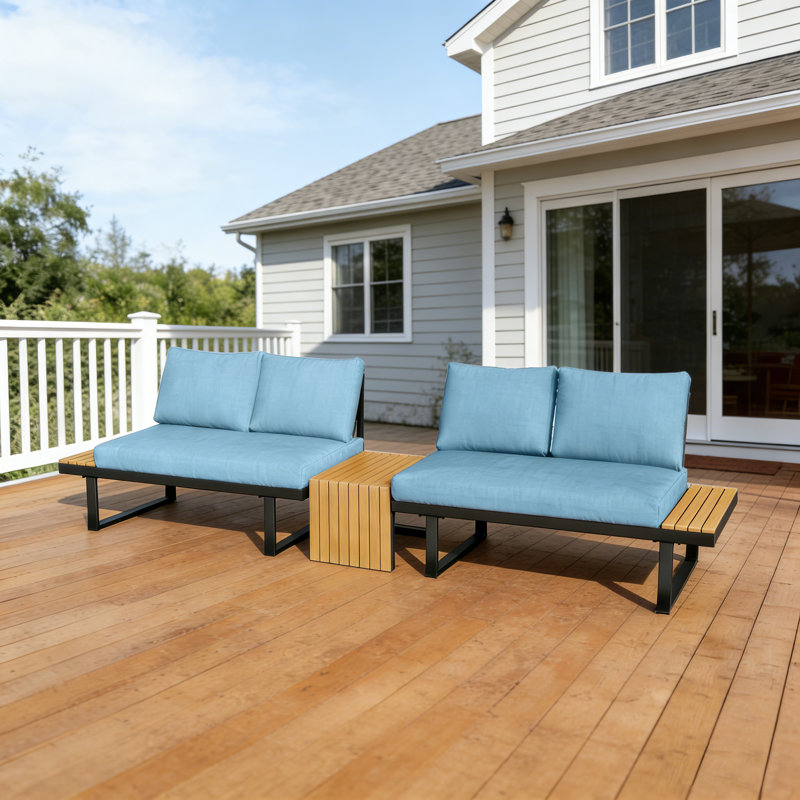  Hubhalsun Modern Outdoor Sectional Sofa Set with Teak Accents, L-Shaped Patio Conversation Set with Thick Cushions & Coffee Table, Weather-Resistant Metal Frame Patio Furniture for Backyard, Deck, Porch.