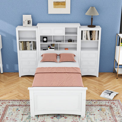 14 Drawers Twin Wood Platform Bed with Storage compartments