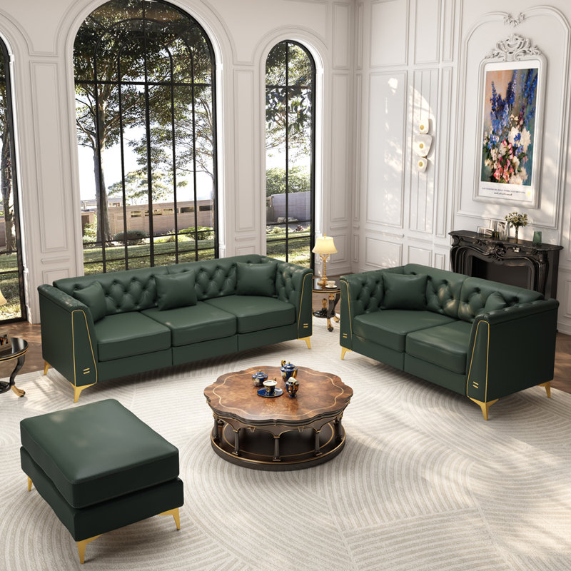 Ensemble de salon, 1 causeuse 2 places, 1 canapé 3 places et 1 repose-pieds, Vert
