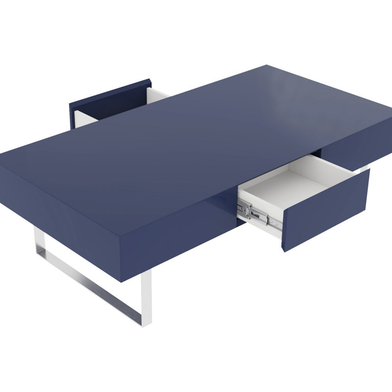 Table basse 52,4 po x 26,8 po x 15,6 po bleu lustré avec grands tiroirs cachés pour le rangement, pieds en acier inoxydable, structure rectangulaire aux lignes épurées, surface brillante tache