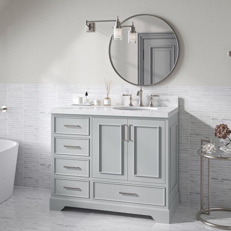 Ensemble de meuble-lavabo simple 42,25 po avec plateau en quartz Abshire, Gris