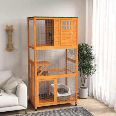 Orange 74" Wooden Cat Enclosure - , Wheeled Outdoor House For Big Cats, Delight Shelter Large Color