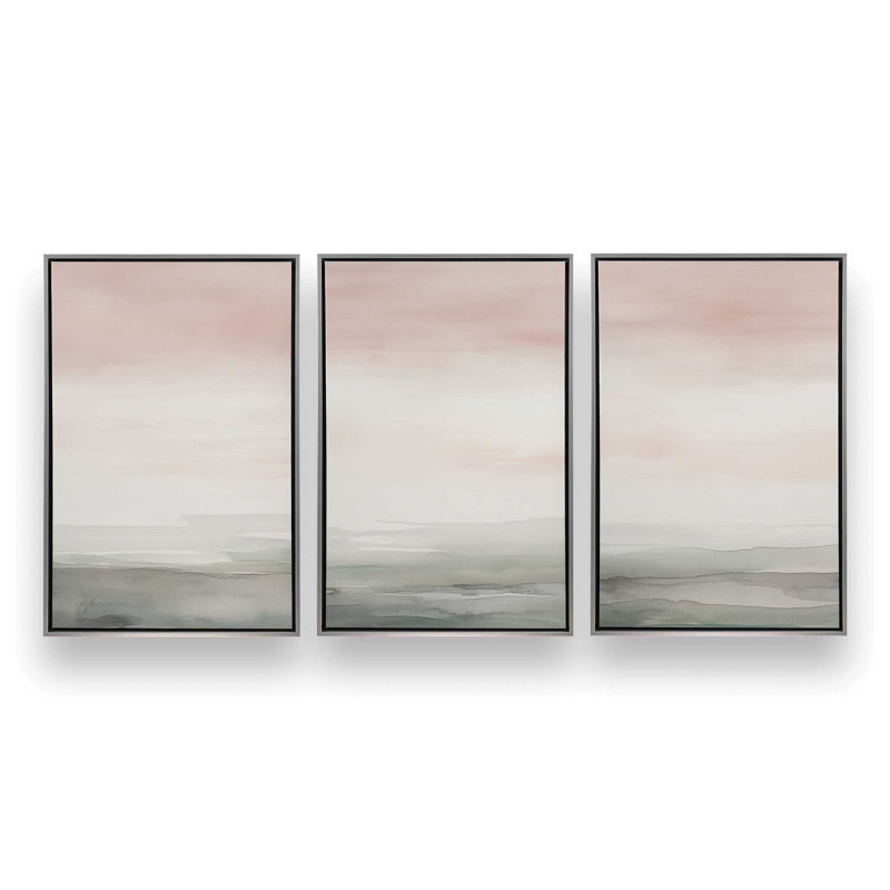 «Peach Tranquility», ensemble de 3 toiles encadrées, Cadre flottant en chrome poli, H 30,75 po x l 62,25 po x P 1,75 po