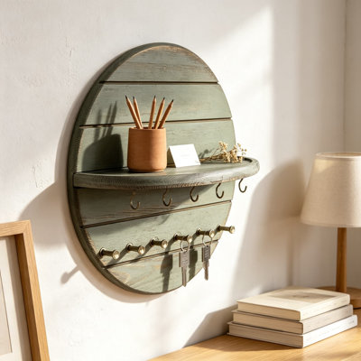 Support mural pour porte-clés en bois avec tablette, crochets à clés en bois rustique pour vestibule, organisateur de courrier, porte-manteau et porte-chien pour la décoration intérieure et le salon