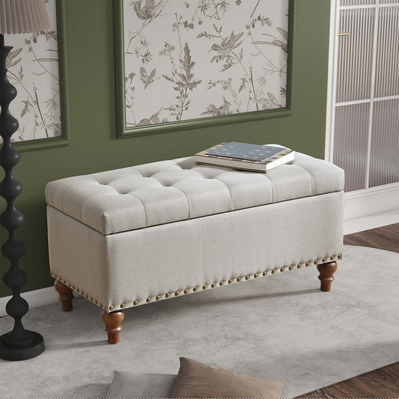 Banc de rangement rembourré en lin avec repose-pieds, charnière à rivets et pieds en bois durables pour une utilisation polyvalente dans n'importe quelle pièce