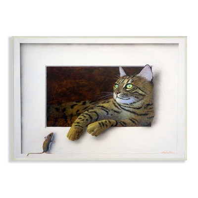 " Manx Cat Resting Curious Mouse Peering Illusion " Acrylic Painting