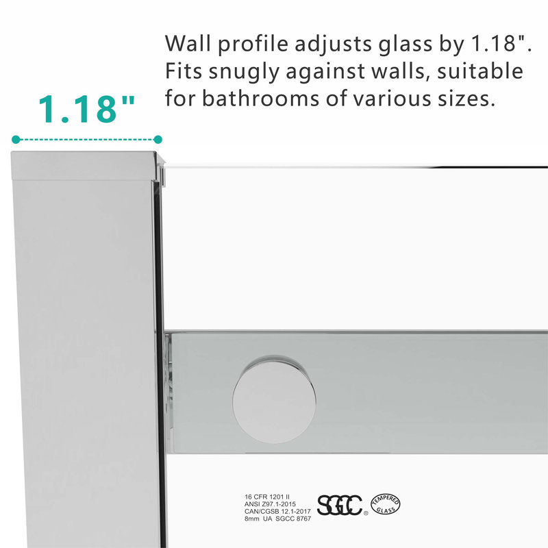 Porte de douche coulissante, porte de douche en verre sans cadre, barre à serviettes et poignée, Chrome chrome